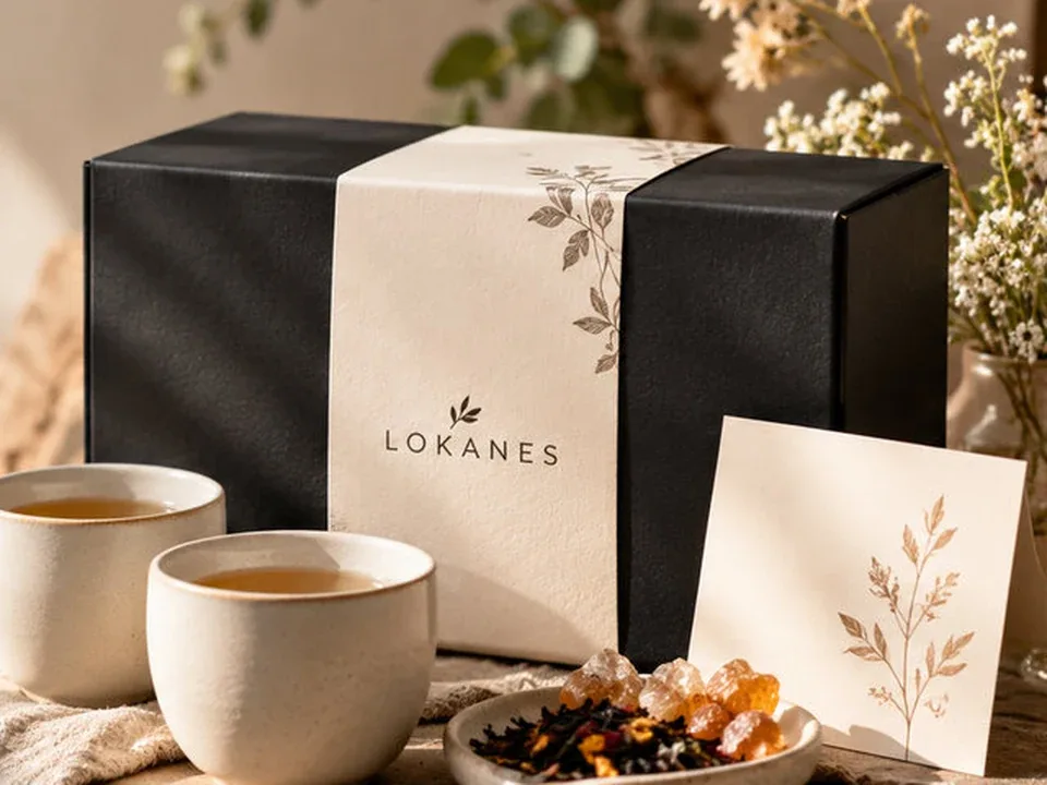 Schwarze LOKANES-Geschenkbox mit hellem Band, davor zwei Teetassen, Teemischung und eine Grußkarte.